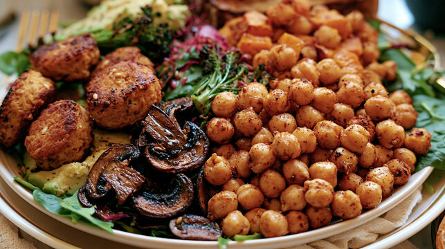 Roasted chickpea and pan-seared mushroom bowl with grilled cauliflower and vegetables