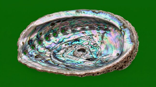 Iridescent abalone shell isolated on a solid green background