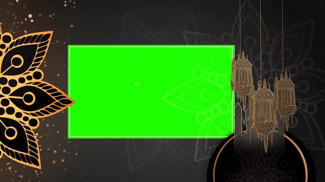 Luxury Islamic Eid Mubarak Chroma Key Screen Display with Hanging Golden Fanous Lanterns and Mandala Border Overlay with three green screen animation frames and outro animation