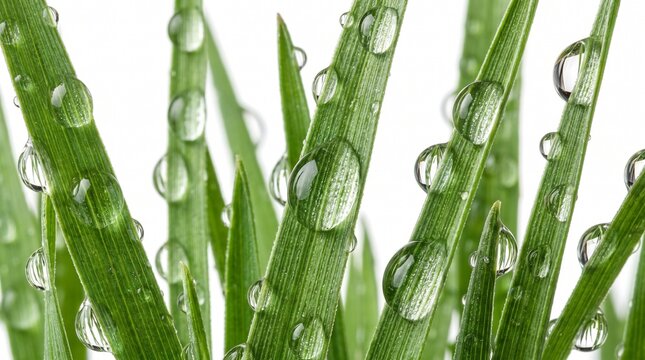Fresh green grass blades with clear water dewdrops