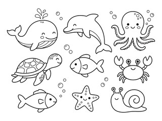 Obraz premium Cute Sea Animals Coloring Page for Kids featuring Whales, Dolphins, and Octopuses in Line Art Style for Educational Activities and Children Books