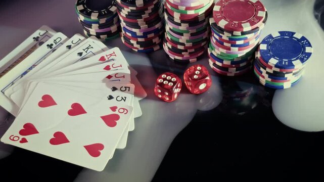 Red Dice and Playing Cards with Casino Chips in Smoke