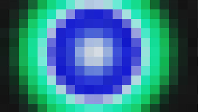 Abstract pixel art background with blue and green glowing concentric circles