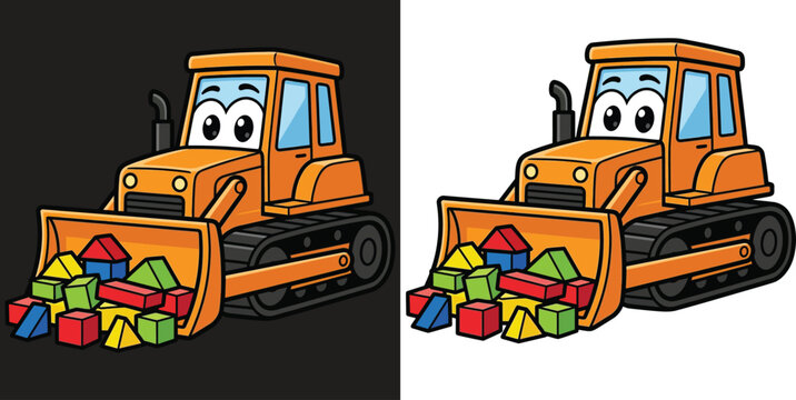 Cute Bulldozer Tractor Pushing Colorful Toy Blocks Flat Vector Illustration