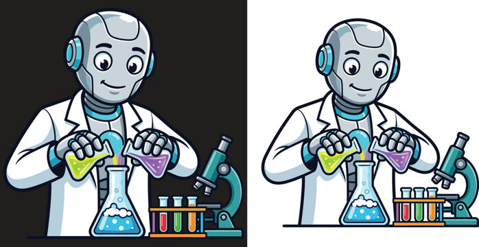 Cute Robot Scientist in Lab Coat Mixing Chemicals Flat Vector Illustration