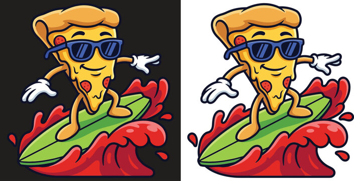 Surfing Cheese Pizza Character on Green Surfboard Flat Vector Illustration