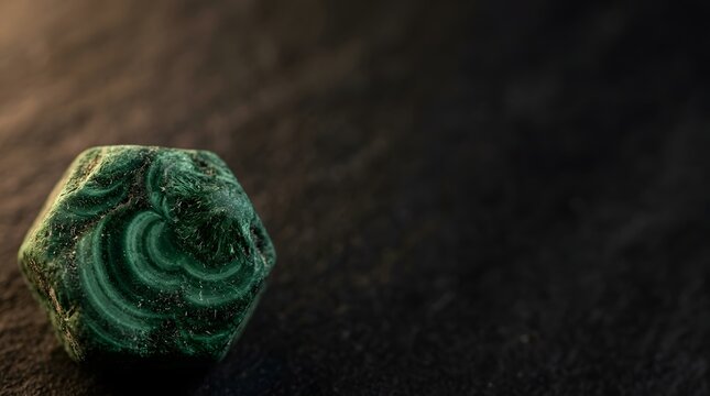 Macro malachite stone resting on a dark textured rock surface