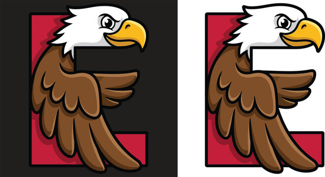 Cute Eagle Integrated into Letter E Flat Vector Illustration