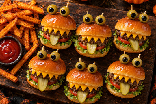 Halloween monster burgers with olive eyes and cheese teeth