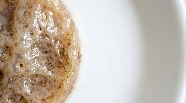 Kombucha scoby pellicle texture in a white bowl with copy space