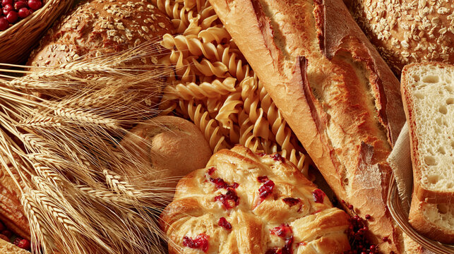 Fresh baked artisan bread loaf baguette pasta with wheat stalks bakery products baguette