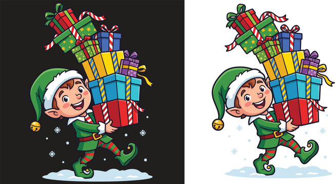 Cute Christmas Elf Helper Carrying Stack of Gift Boxes Flat Vector Illustration