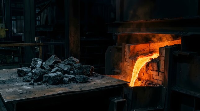 Molten metal slag pouring from a furnace in an industrial steel