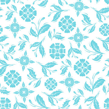 Sky Blue Vintage Floral Pattern, Seamless Fabric Print