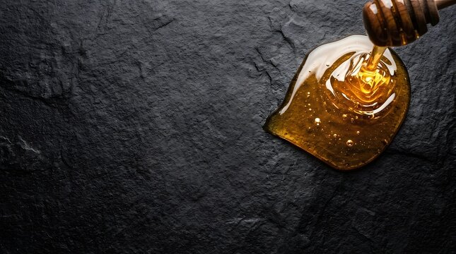 Golden honey pouring from a wooden dipper onto a dark textured stone