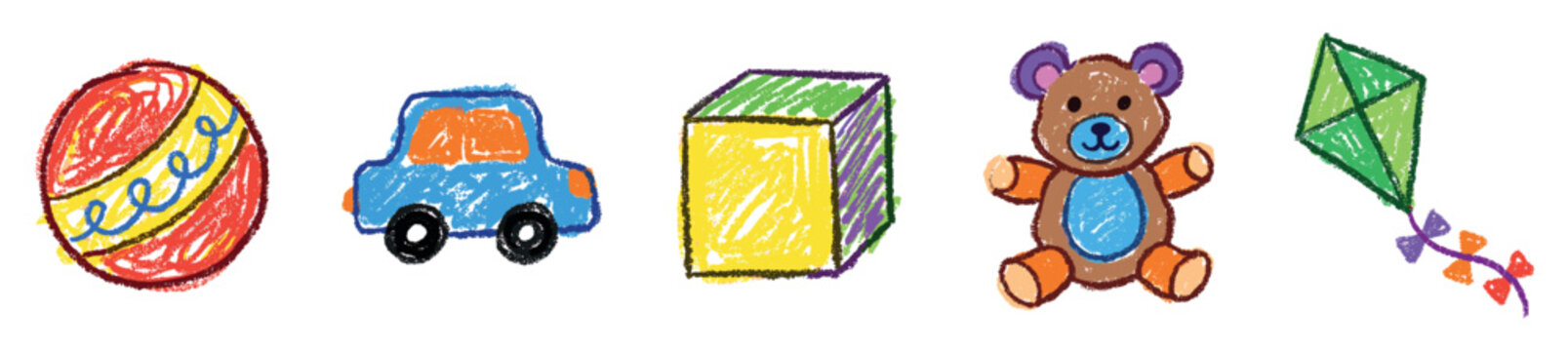 Children's toys icons set. Playtime and childhood concept. Includes ball, car, block, teddy bear, kite. Hand-drawn crayon style