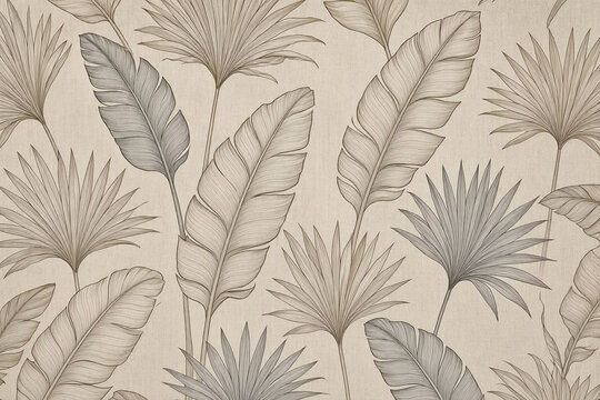 Luxury tropical botanical wallpaper with large banana leaves and palm leaves illustrated in fine line art, muted taupe tones, textured neutral background, elegant interior design pattern