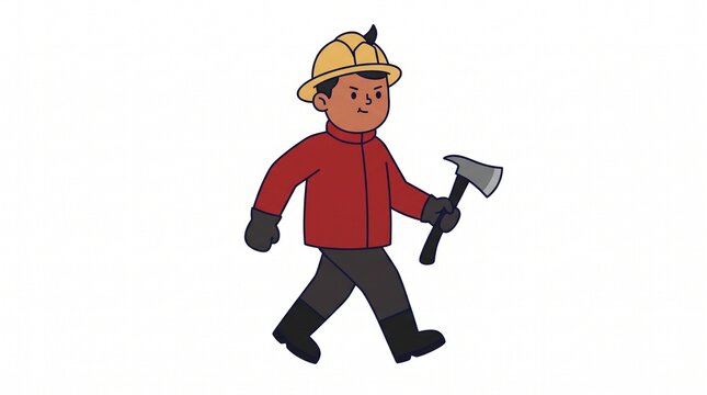 Cartoon firefighter walking with an axe in uniform on white background