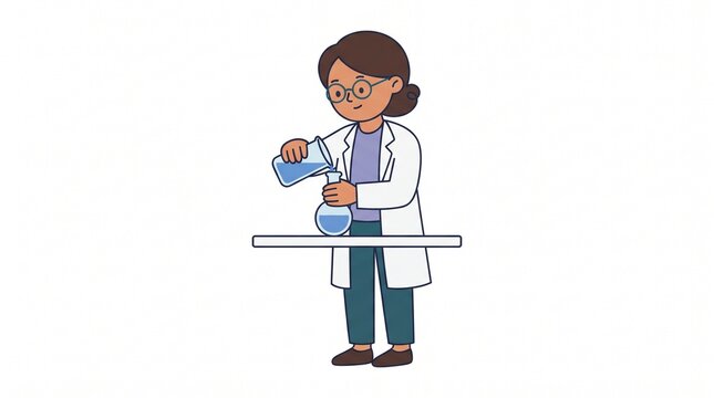 Female scientist pouring blue liquid into a glass flask in a
