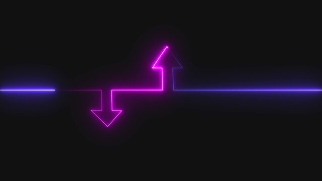 Glowing neon purple and blue line with up and down arrows on a dark background representing growth direction and financial chart movement for digital business presentation graphics