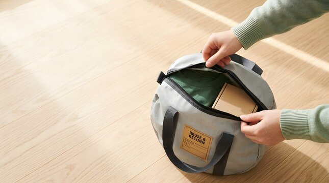 Hands packing clothes and small cardboard box into grey canvas bag on wooden floor