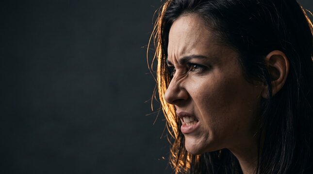 An angry woman grimacing and clenching her teeth in frustration