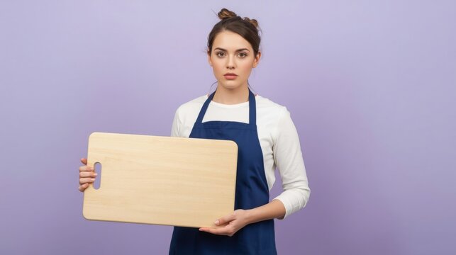 Mujer menuda con delantal azul marino y expresi&oacute;n decidida, sosteniendo una tabla de cortar vac&iacute;a; lleva una blusa color crema y se encuentra ante un fondo de color lavanda claro