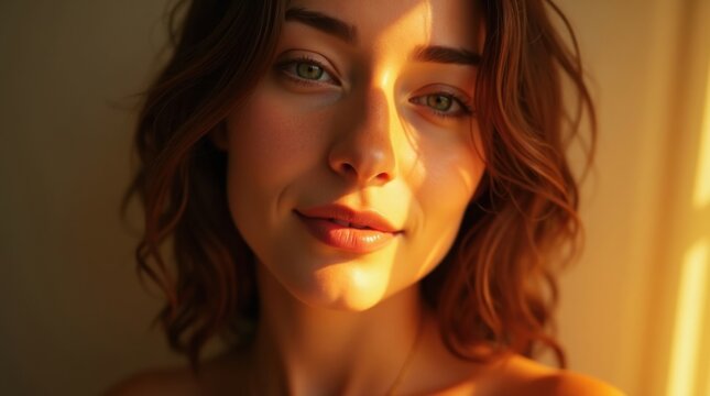 Mujer radiante, tez &aacute;mbar, piel de acabado cristalino, sutiles l&iacute;neas de expresi&oacute;n al sonre&iacute;r, elegancia serena