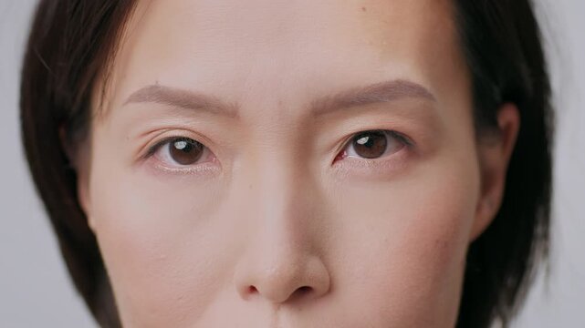 Focused Young Asian Woman With Neutral Expression Looking Directly At Camera, Showing Emotions In Office Setting. Portrait Capturing Her Professional Demeanor. Business Concept.