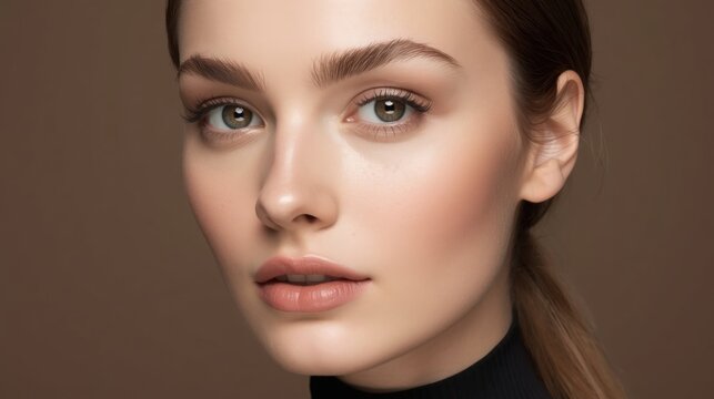 Mujer refinada, tez color palo de rosa p&aacute;lido, brillo sedoso, cejas arqueadas y altas, confianza serena, maquillaje ligero