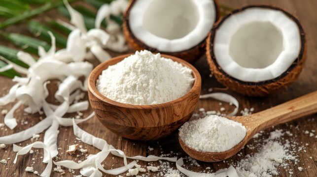 Prote&iacute;na de coco en polvo de color blanco en un cuenco de madera, junto a virutas de coco fresco y mitades de coco partidas. Suplemento tropical saludable