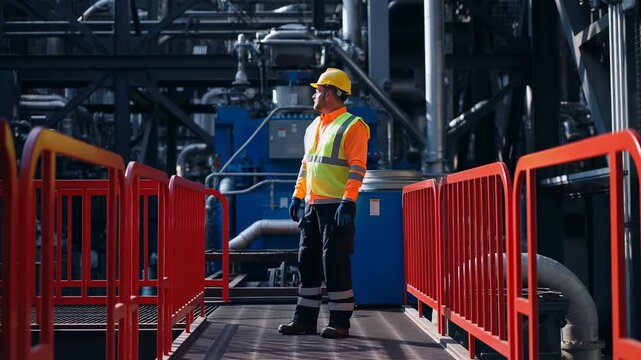 Industrial worker in hard hat and high visibility vest stands on metal walkway between red guardrails, turning his head while surrounded by pipes and heavy processing equipment