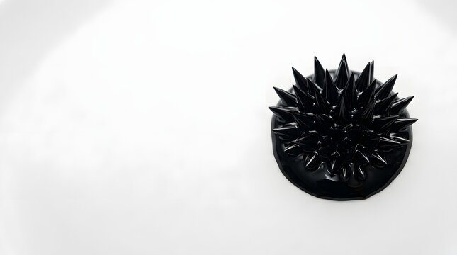 Black ferrofluid spikes forming a circular shape on a white ceramic