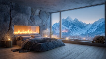 Naklejka premium Cozy bedroom interior with fireplace and panoramic mountain view