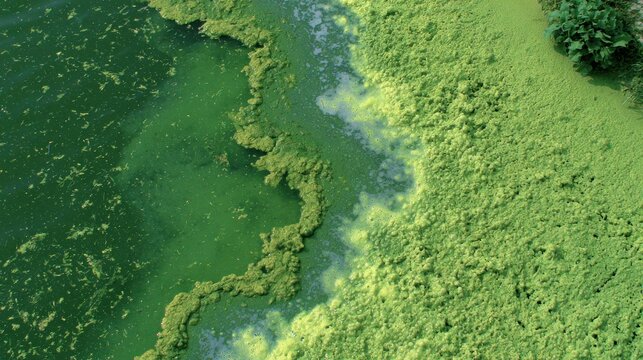 Top view of green algae bloom in wetlands