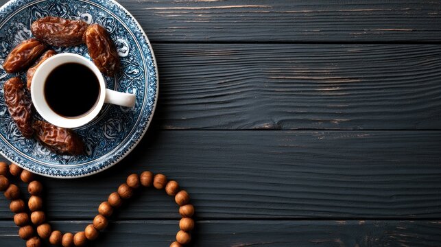 Traditional coffee and dates with tasbih on wooden table.