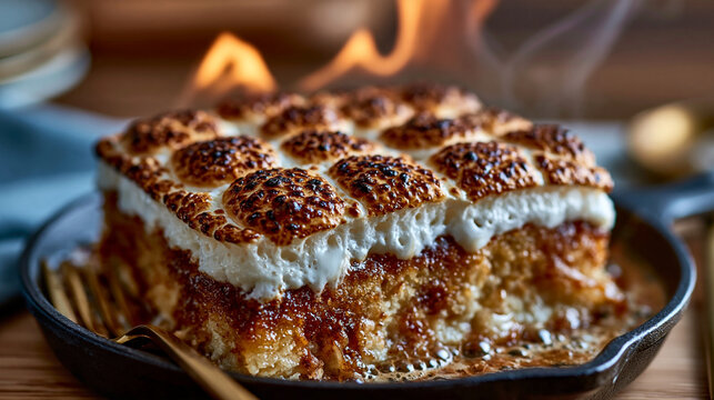 Toasted skillet s'more with marshmallow top and open fire flames s mores melted chocolat