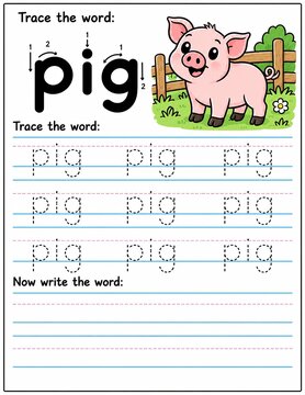 Farm animal word tracing worksheet for kids featuring a cute pig illustration with writing lines