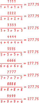 Mathematical fractions equations pattern with repeating numbers and handwritten red strokes on a white background, educational concept for science and school.