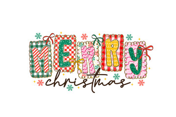 Fototapeta premium Merry Christmas lettering typography with patterned letters, snowflakes, and festive bows Sublimation Design
