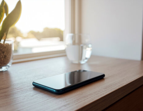 sleek black smartphone lying on a light wood windowsill beside a glass of water and potted plant with warm sunlight streaming through the window