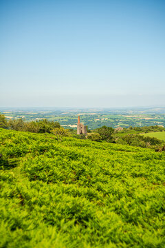 View of the historic Cheesewring landmark set amidst the lush green moorland landscape under a clear blue sky in Minions, Cornwall, United Kingdom.