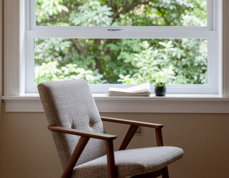 cozy interior corner featuring a vintage mid-century modern upholstered armchair placed next to a bright window overlooking green trees, with a book and small potted plant on the windowsill