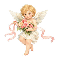 Obraz premium PNG Cherubic angel holding floral bouquet.