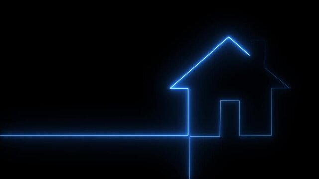 Glowing Blue Neon Outline of a House on Black Background, Modern Architecture Concept, Digital Energy Line Connecting to Home.building sign.neon line bank black background.