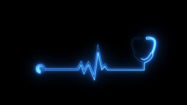 glowing neon stethoscope heartbeat icon isolated on black back ground.Suitable for medical healthcare monitoring concept. 4 k video animation.
