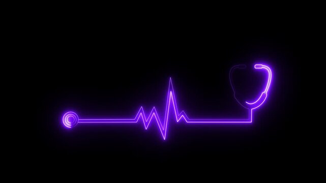 glowing neon stethoscope heartbeat icon isolated on black back ground.Suitable for medical healthcare monitoring concept. 4 k video animation.