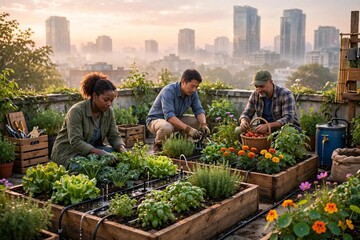 Obraz premium Urban Rooftop Community Farm at Sunrise