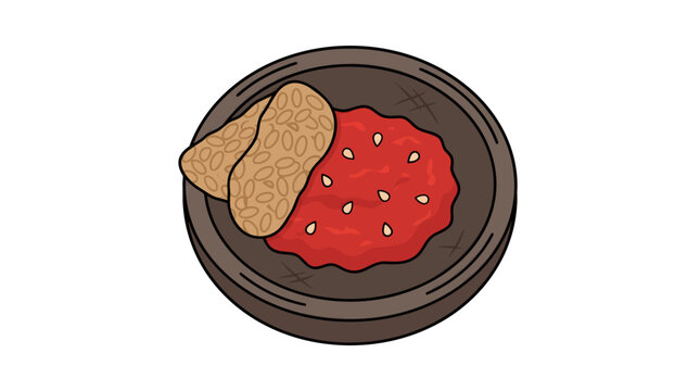 Indonesian traditional sambal terasi with fried tempeh on a wooden mortar illustration isolated on white background 