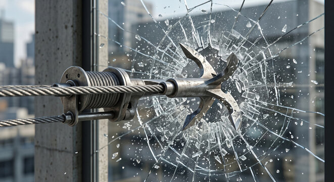 Metal grappling hook smashing through a glass window with shattered pieces flying